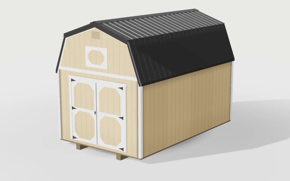The actual Yoder 3D designer render of a 10 by 16 lofted barn with Tan siding and White trim, matching the design link in the reply.