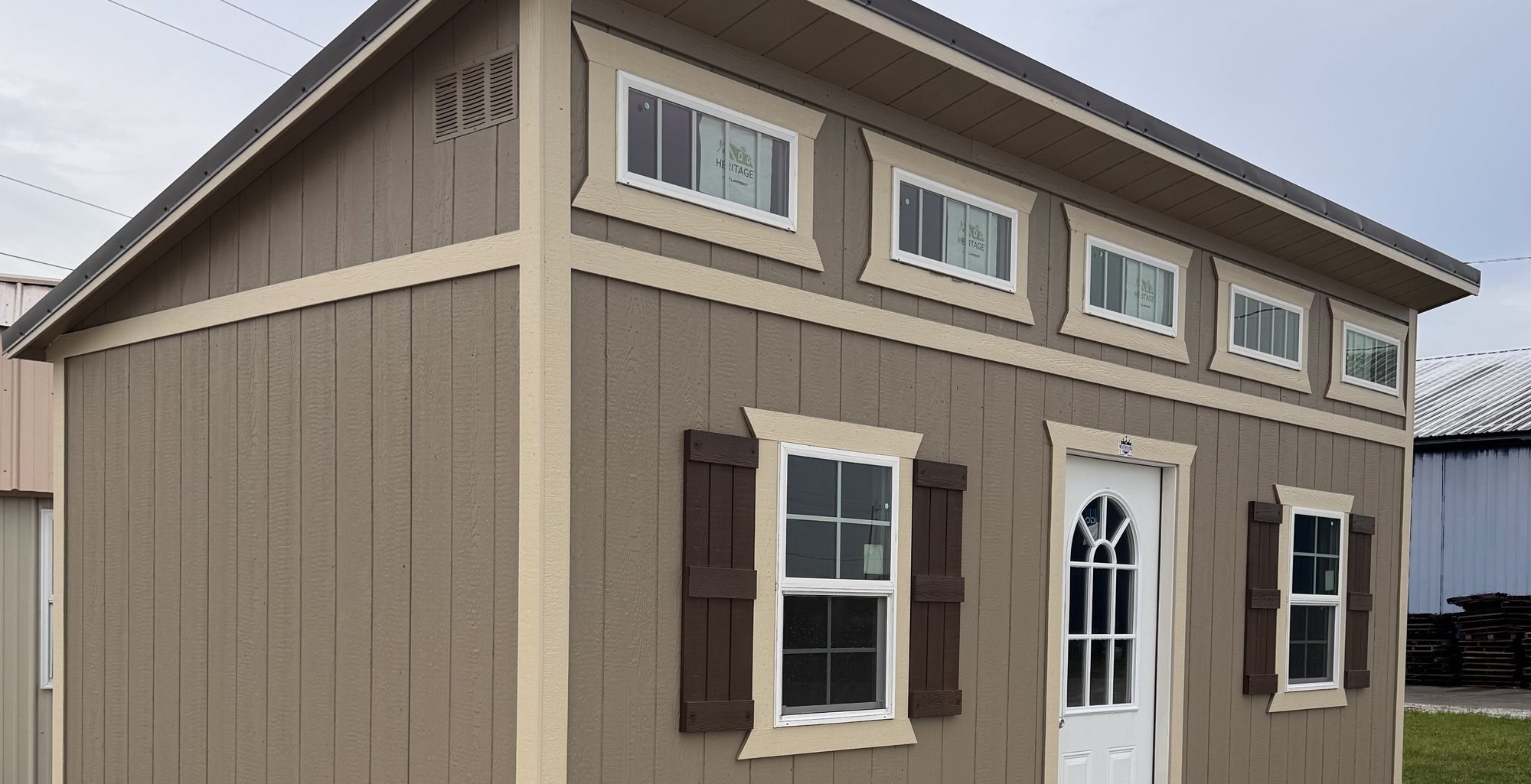 A finished storage building on display at Yoder Storage Barns in Port Charlotte, Florida.