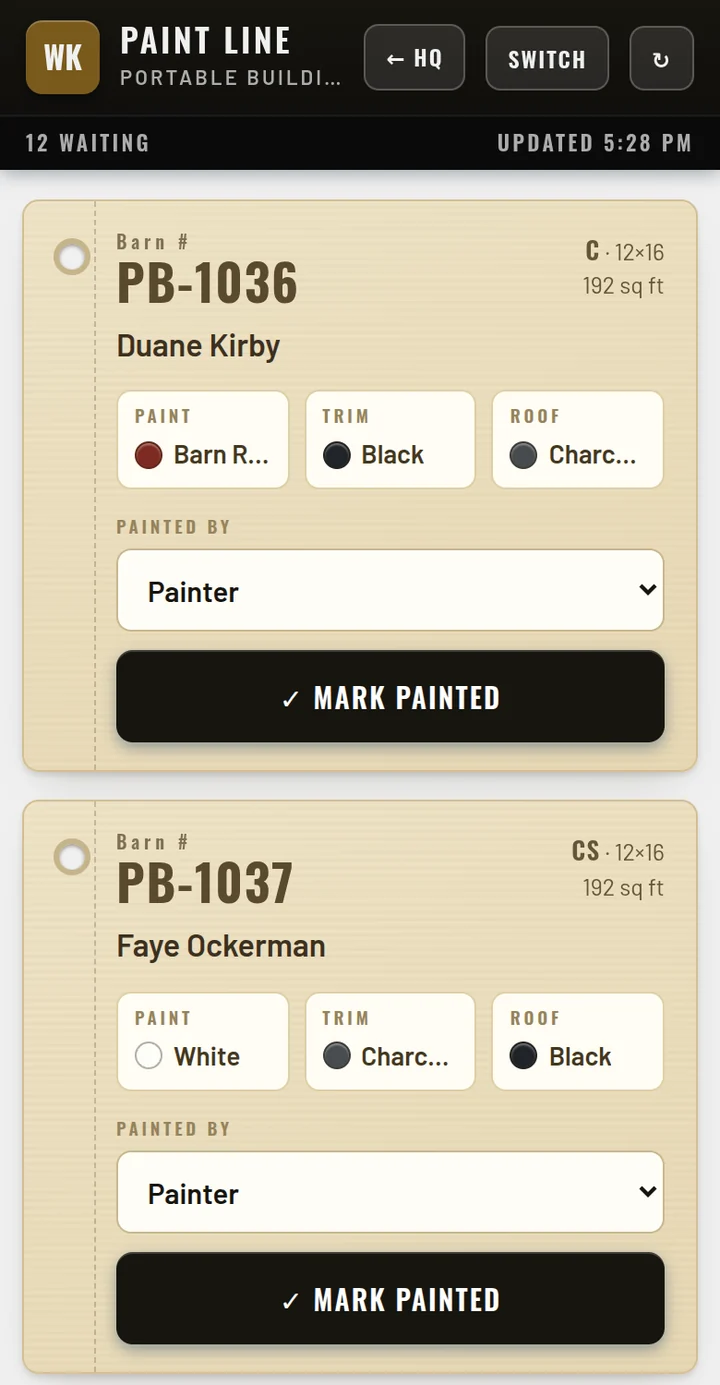 The paint line on a phone: a work tag for each building with its barn number, its customer, its paint, trim and roof colors with swatches, and a Mark Painted button.