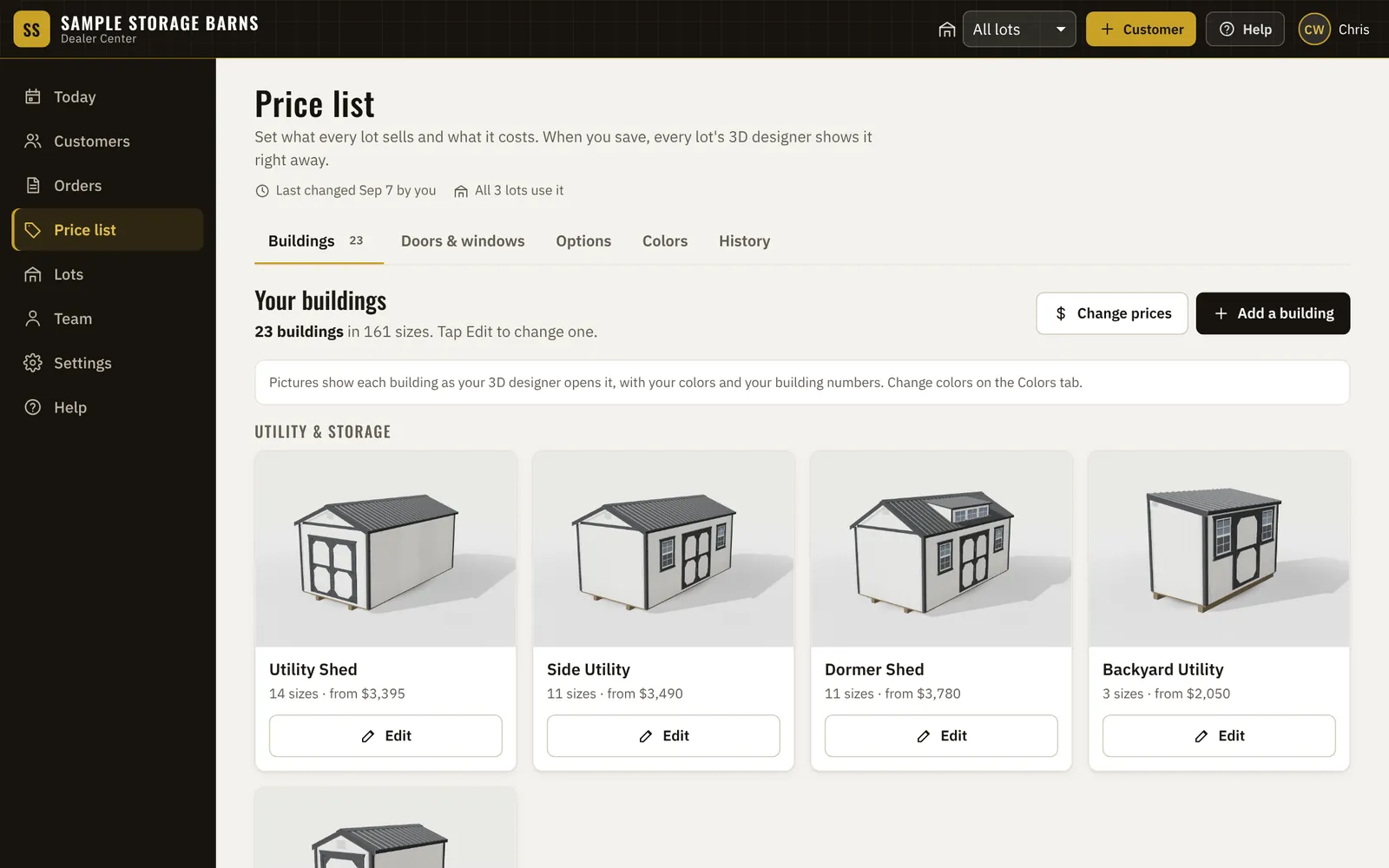 The Price list: 23 buildings in 161 sizes, with tabs for doors and windows, options, colors and history, and buttons to change prices or add a building. Each building shows its 3D picture and starting price.