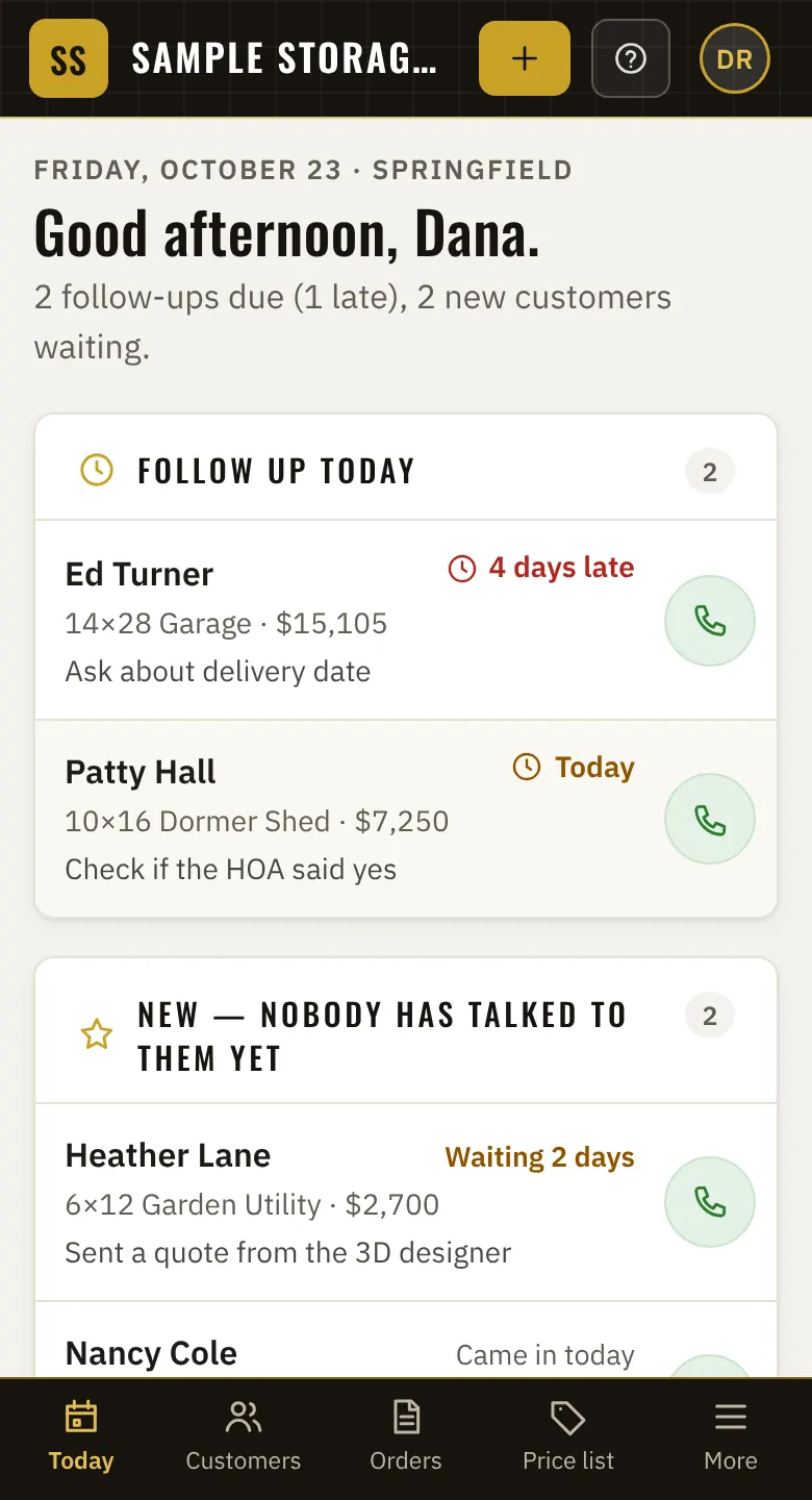 The Dealer Center on a phone: Dana’s Today screen with two follow-ups to call and two new customers who sent quotes from the 3D designer, and buttons along the bottom for Today, Customers, Orders, Price list and More.