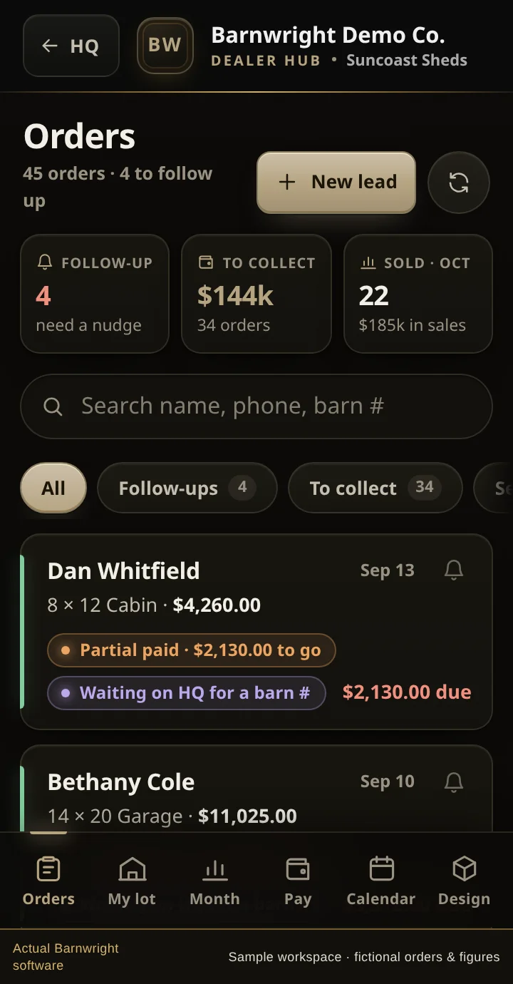 The Dealer Hub on a phone: one dealership's own orders, filtered by what needs doing.