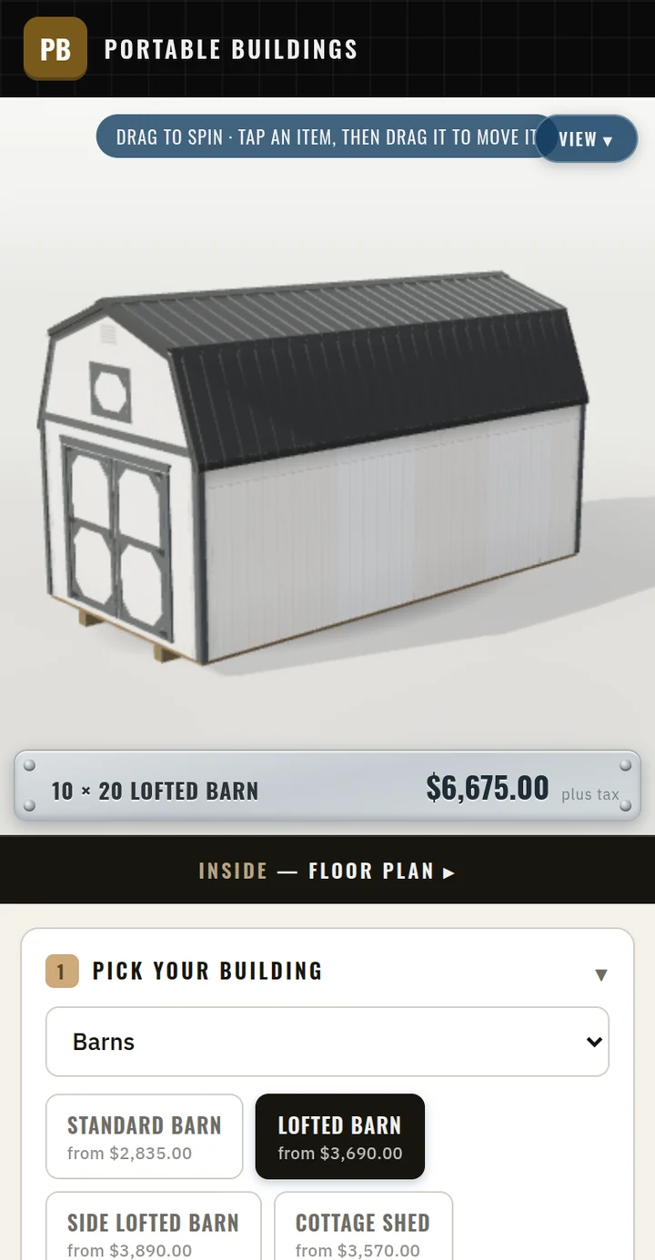 The 3D designer on a phone: a lofted barn drawn above its price, with the style and size pickers under it.