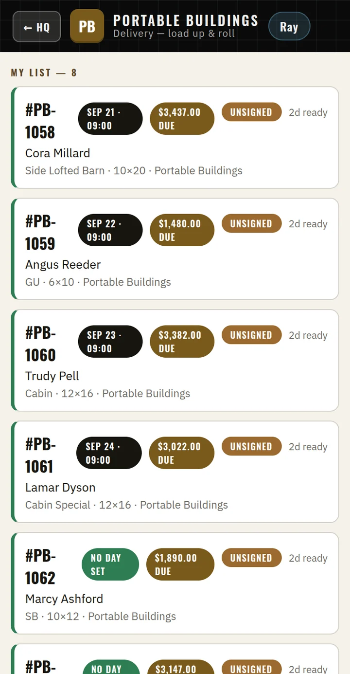 The real delivery app showing a driver’s scheduled buildings and customer details.