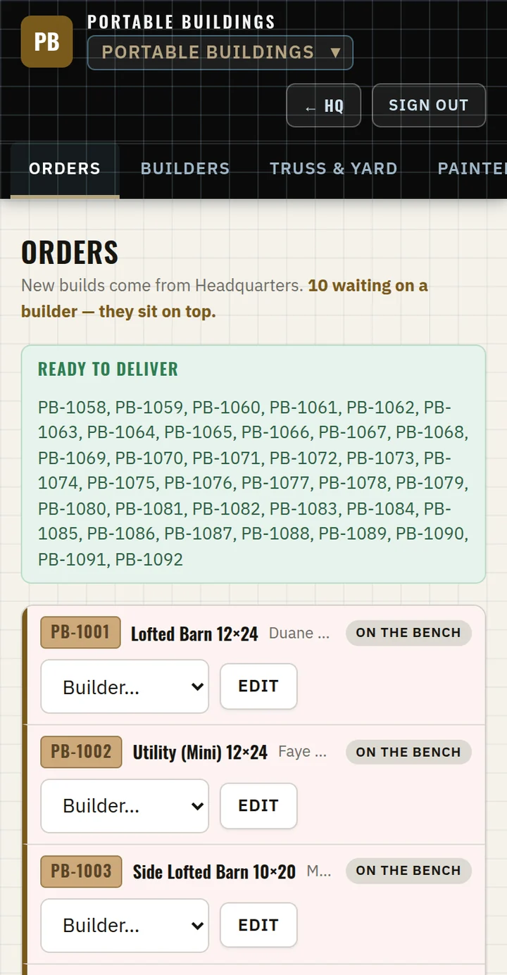 The shop floor on a phone: the same orders board, readable on the phone hanging on the shop wall.