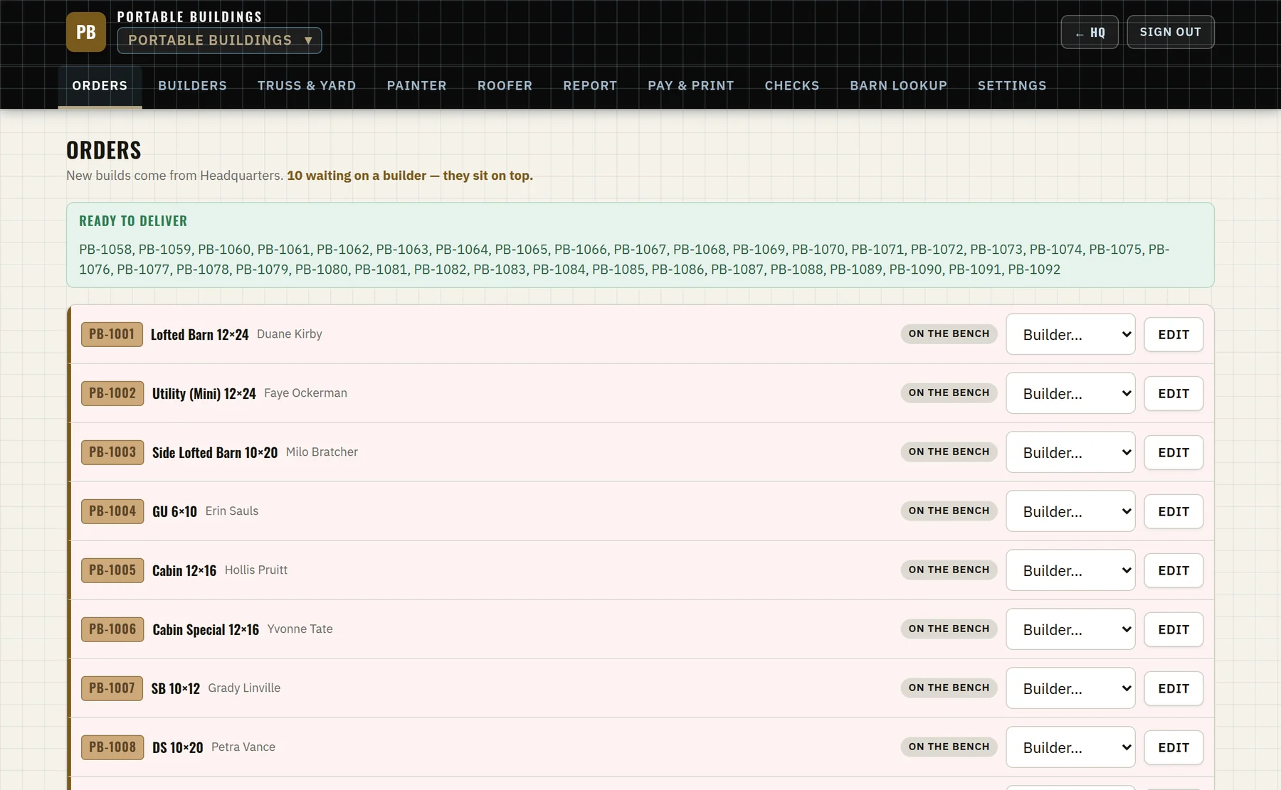 The shop board in the real Barnwright software, showing buildings in production by stage.