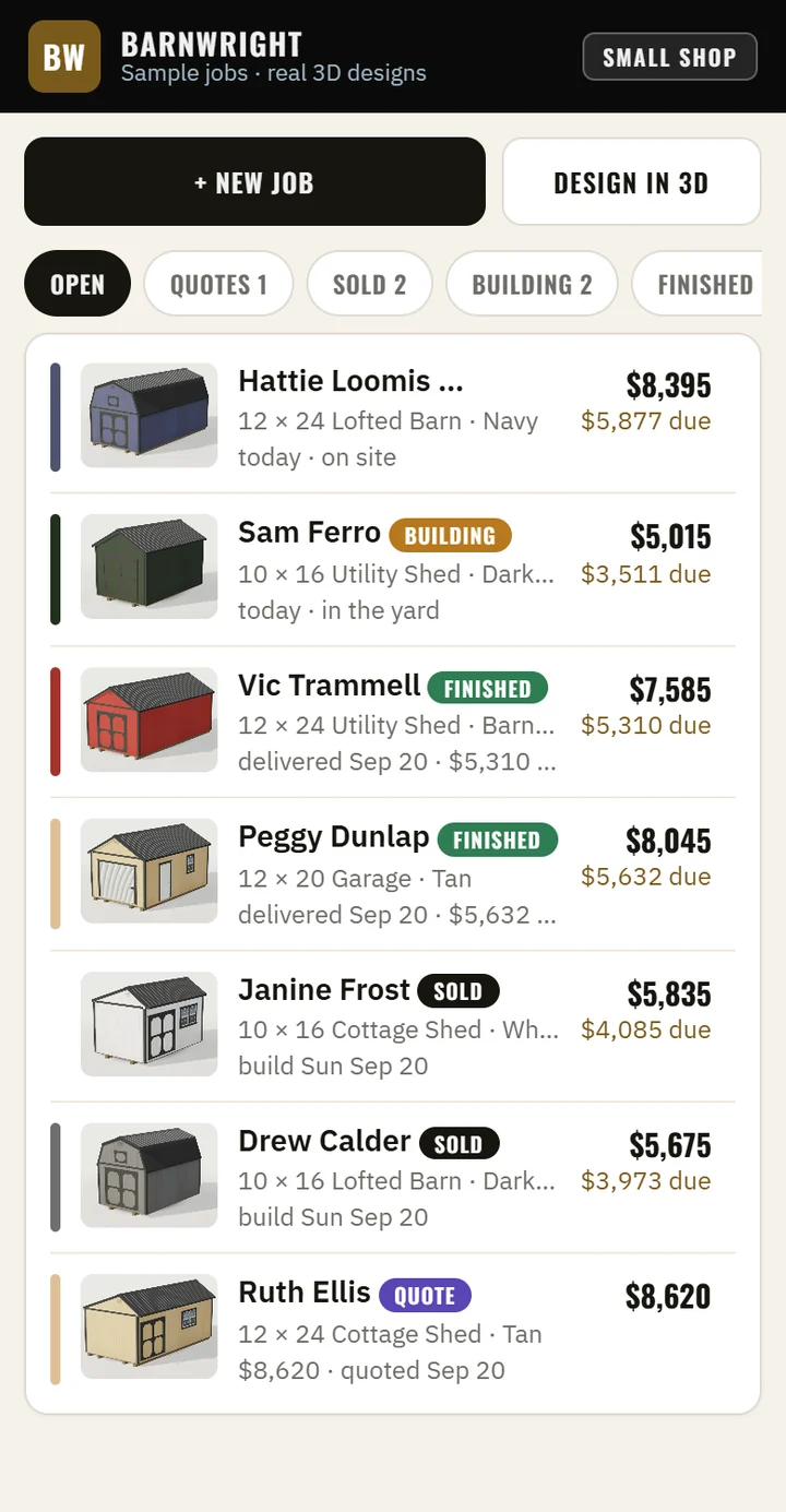 The real Small Shop jobs screen with saved 3D designer images: lofted barns, utility sheds, a garage and cottage sheds, each beside its sample order and balance.