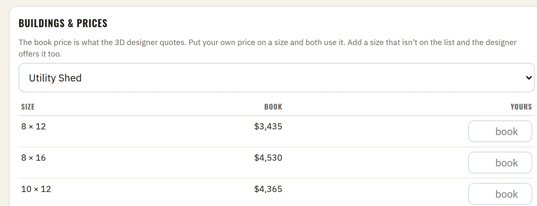 The price sheet: every size of a building with the book price beside it and an empty box to put your own price in, and a line saying the 3D designer quotes whatever is in that box.